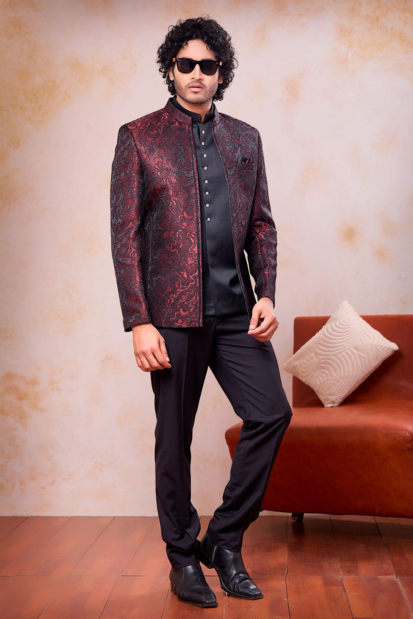 Burgundy Jacquard Traditional Indian Attire Men Jodhpuri 3 Piece Suit with Weaving Work