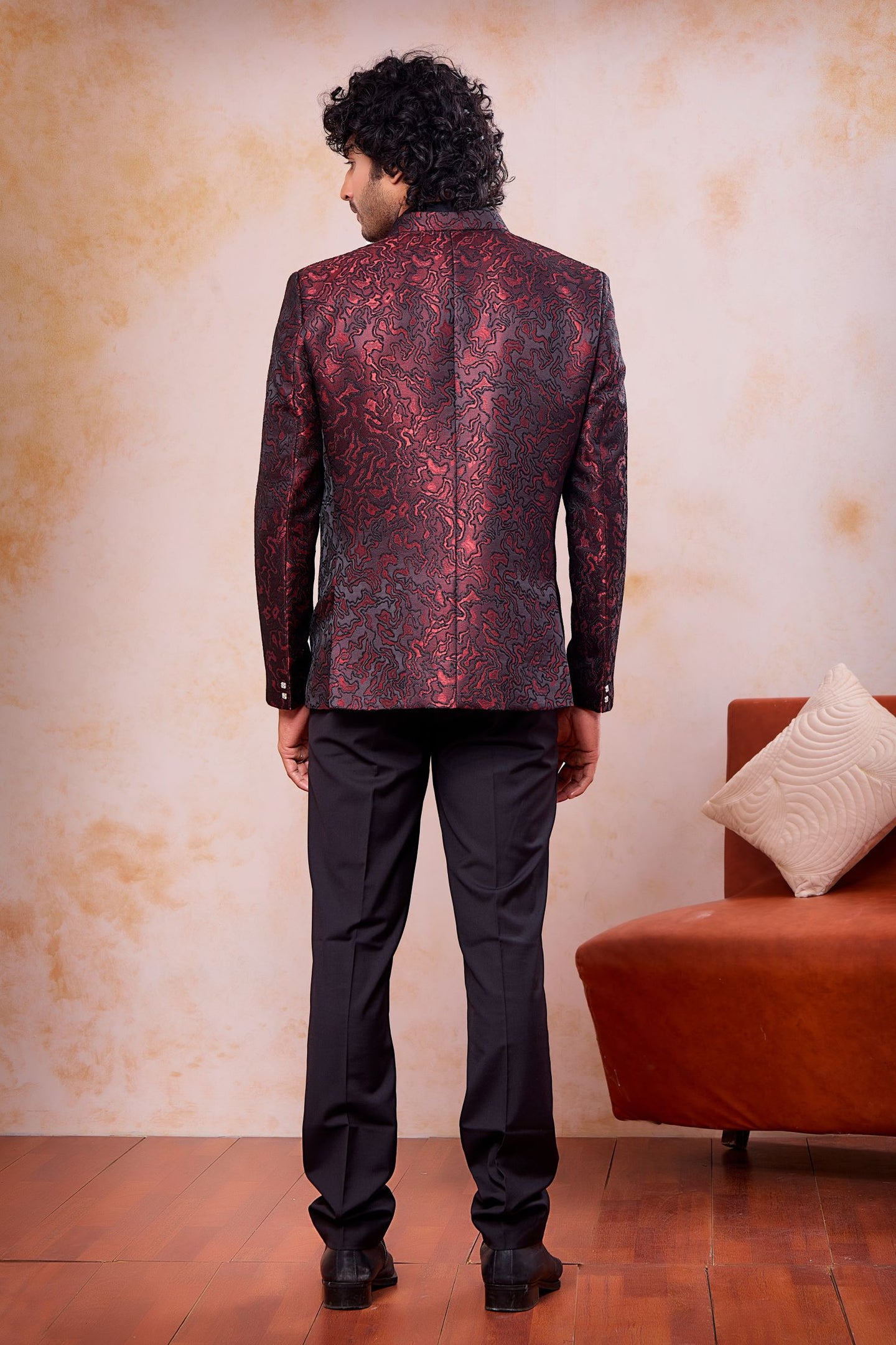 Burgundy Jacquard Traditional Indian Attire Men Jodhpuri 3 Piece Suit with Weaving Work