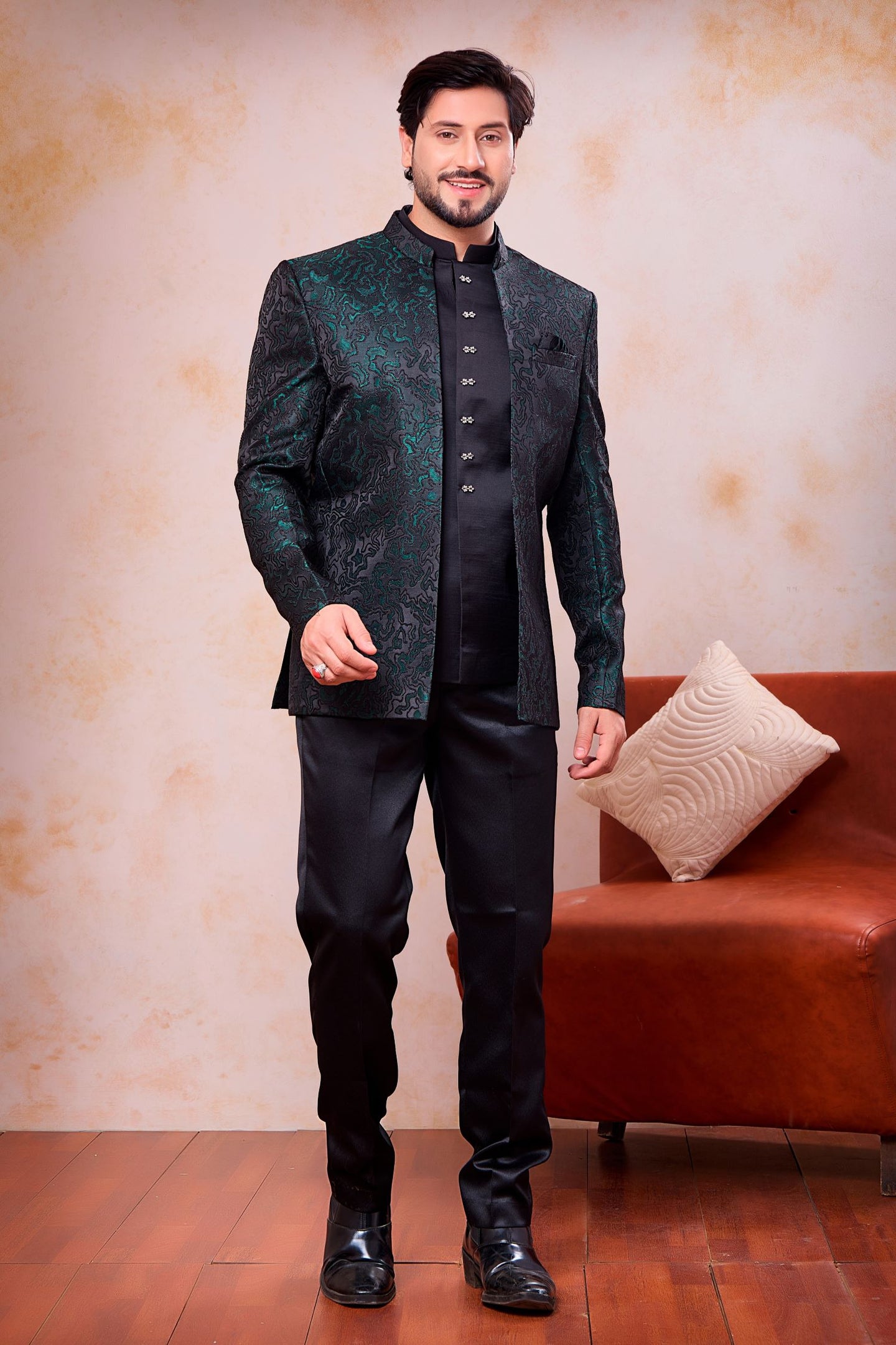 Rama Jacquard 3 Piece Jodhpuri, Pant & Jacket For Indian & Pakistani Wedding Festival - Woven Work