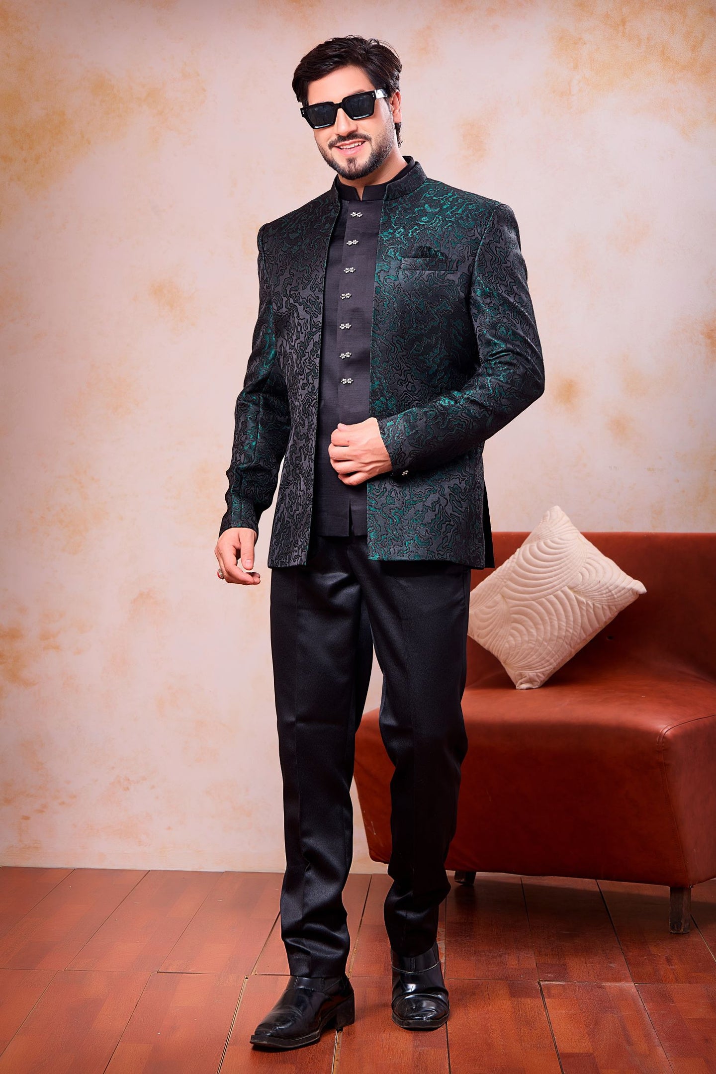 Rama Jacquard 3 Piece Jodhpuri, Pant & Jacket For Indian & Pakistani Wedding Festival - Woven Work
