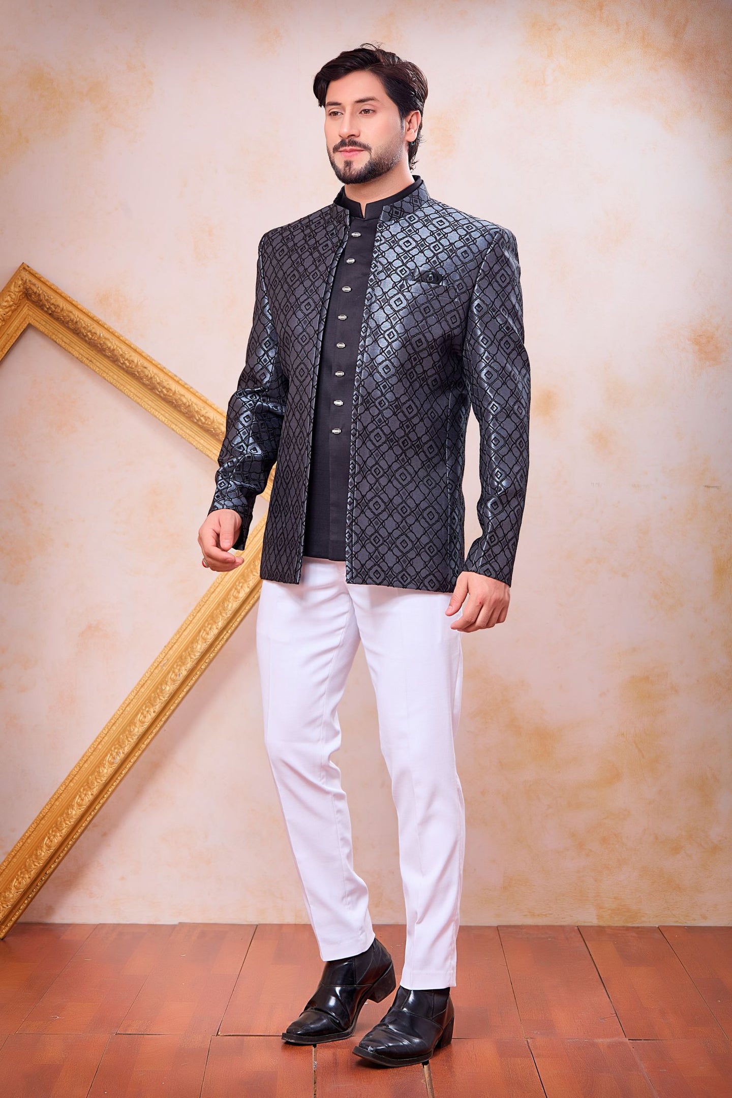 Steel Grey Jacquard Jodhpuri Pant and Jacket for India Traditional Clothing Male
