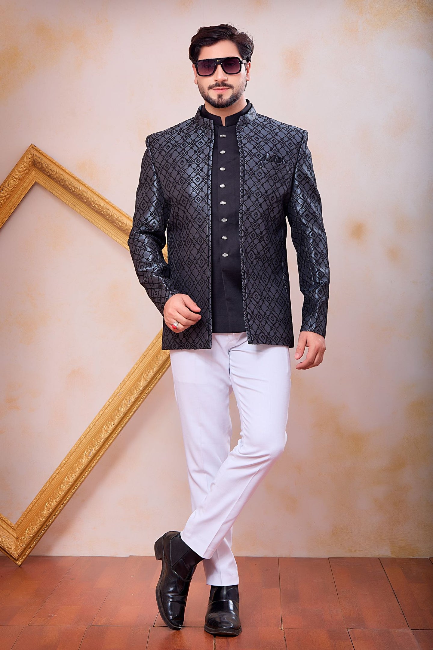 Steel Grey Jacquard Jodhpuri Pant and Jacket for India Traditional Clothing Male
