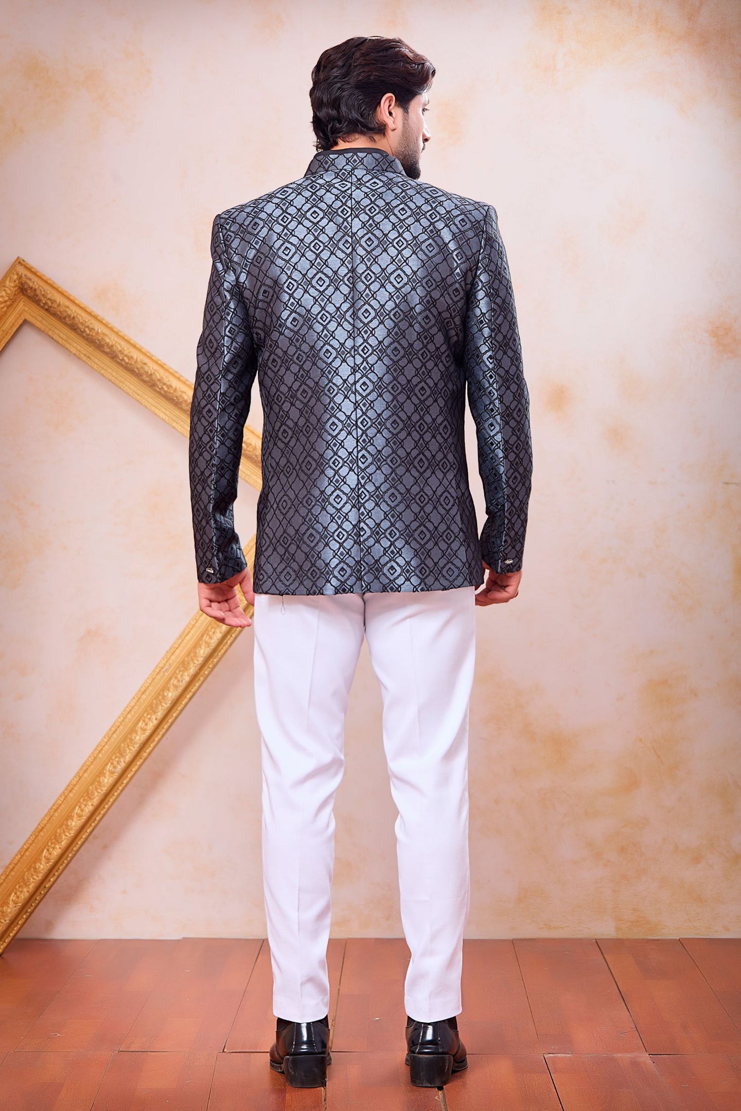 Steel Grey Jacquard Jodhpuri Pant and Jacket for India Traditional Clothing Male