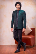 Bottle Green Jacquard India Traditional Clothing Men 3 Piece Jodhpuri Suit with Weaving Work