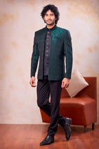Bottle Green Jacquard India Traditional Clothing Men 3 Piece Jodhpuri Suit with Weaving Work