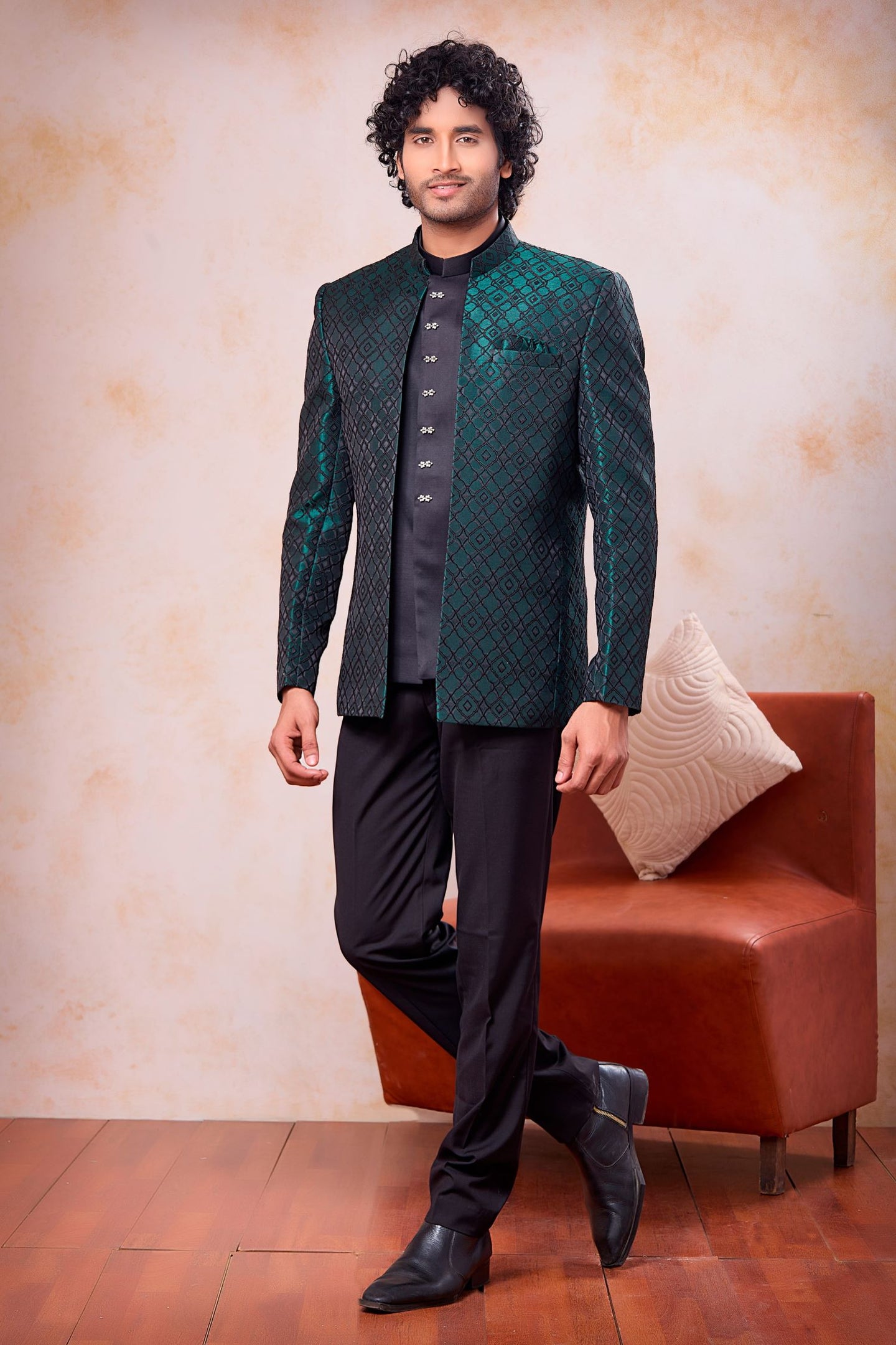 Bottle Green Jacquard India Traditional Clothing Men 3 Piece Jodhpuri Suit with Weaving Work