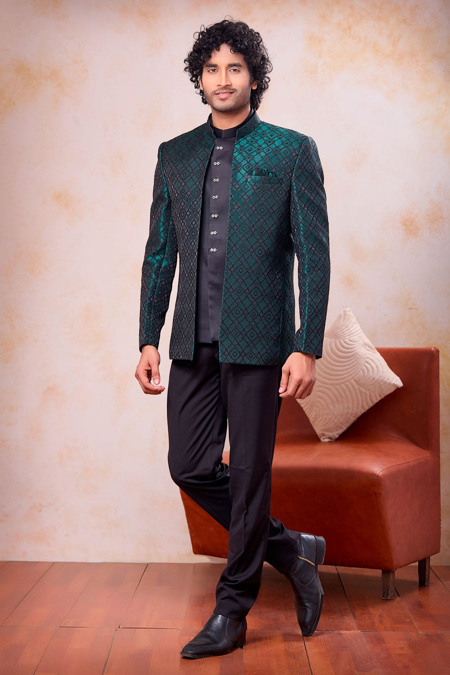 Bottle Green Jacquard India Traditional Clothing Men 3 Piece Jodhpuri Suit with Weaving Work