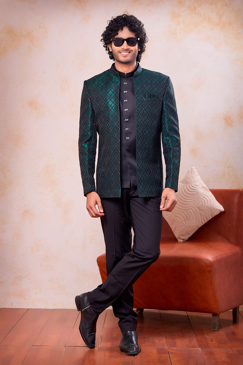 Bottle Green Jacquard India Traditional Clothing Men 3 Piece Jodhpuri Suit with Weaving Work