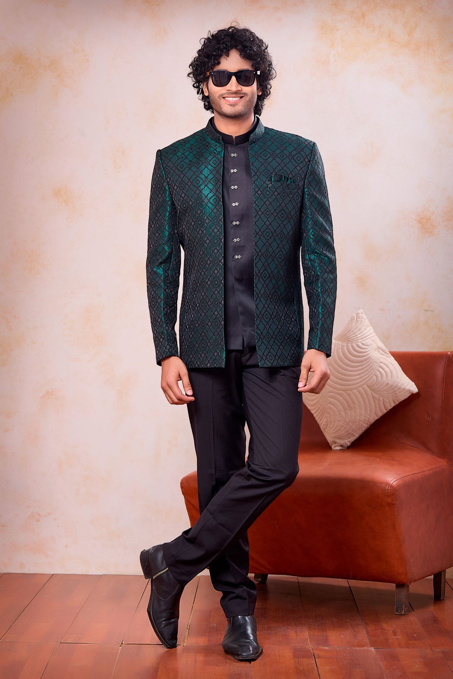 Bottle Green Jacquard India Traditional Clothing Men 3 Piece Jodhpuri Suit with Weaving Work