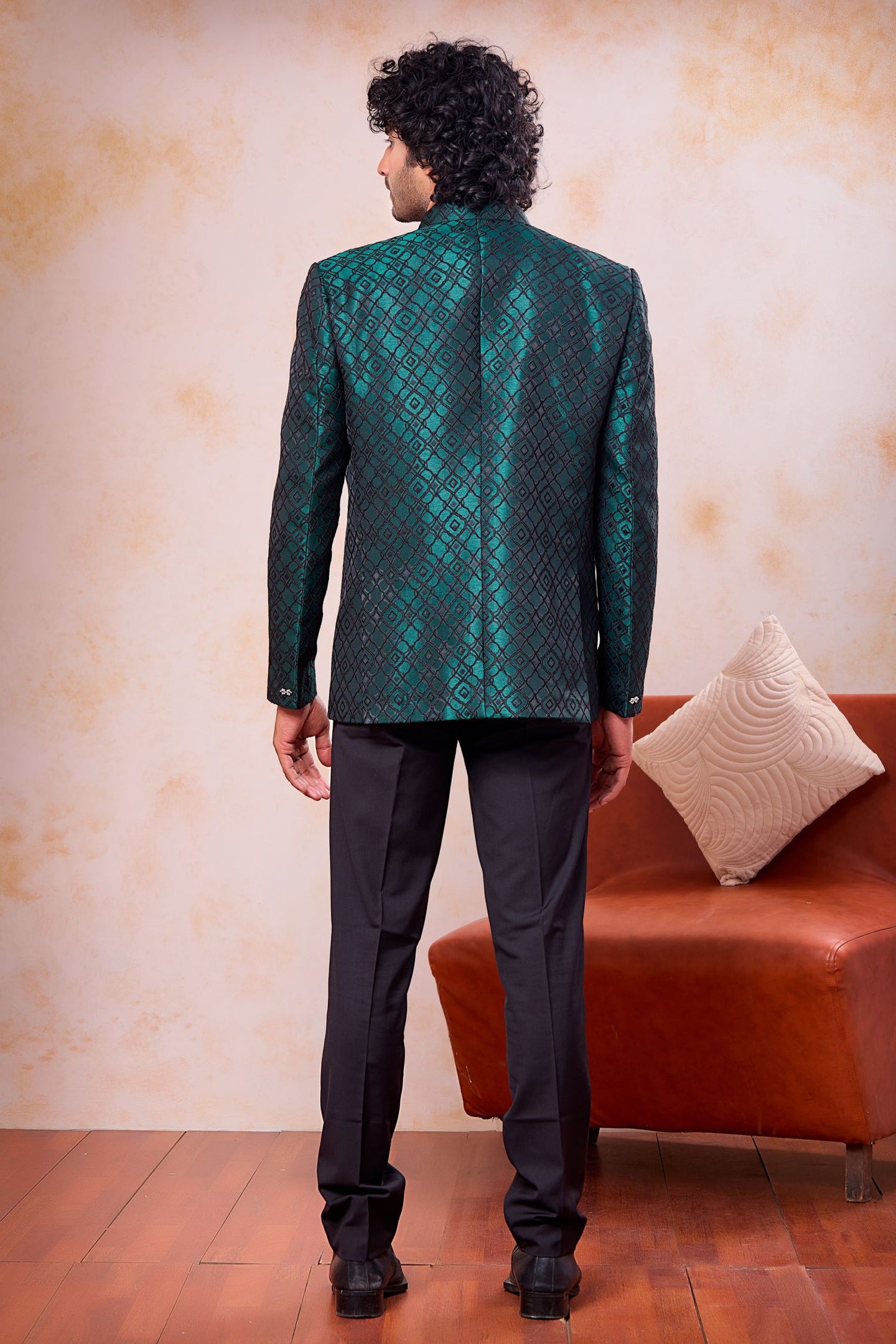 Bottle Green Jacquard India Traditional Clothing Men 3 Piece Jodhpuri Suit with Weaving Work
