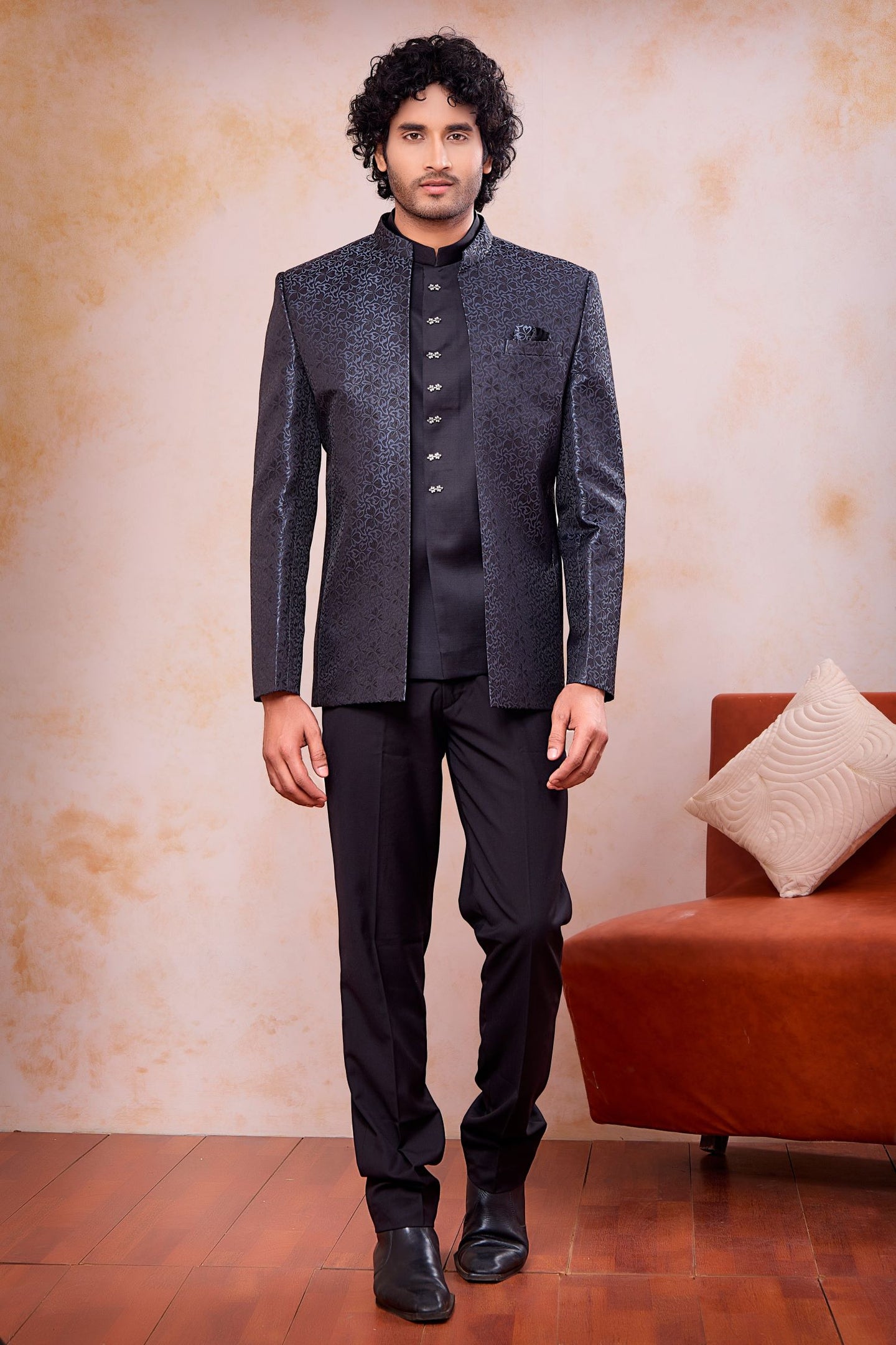 Grey Jacquard Woven Mens Indian Wedding Attire 3 Piece Jodhpuri Set