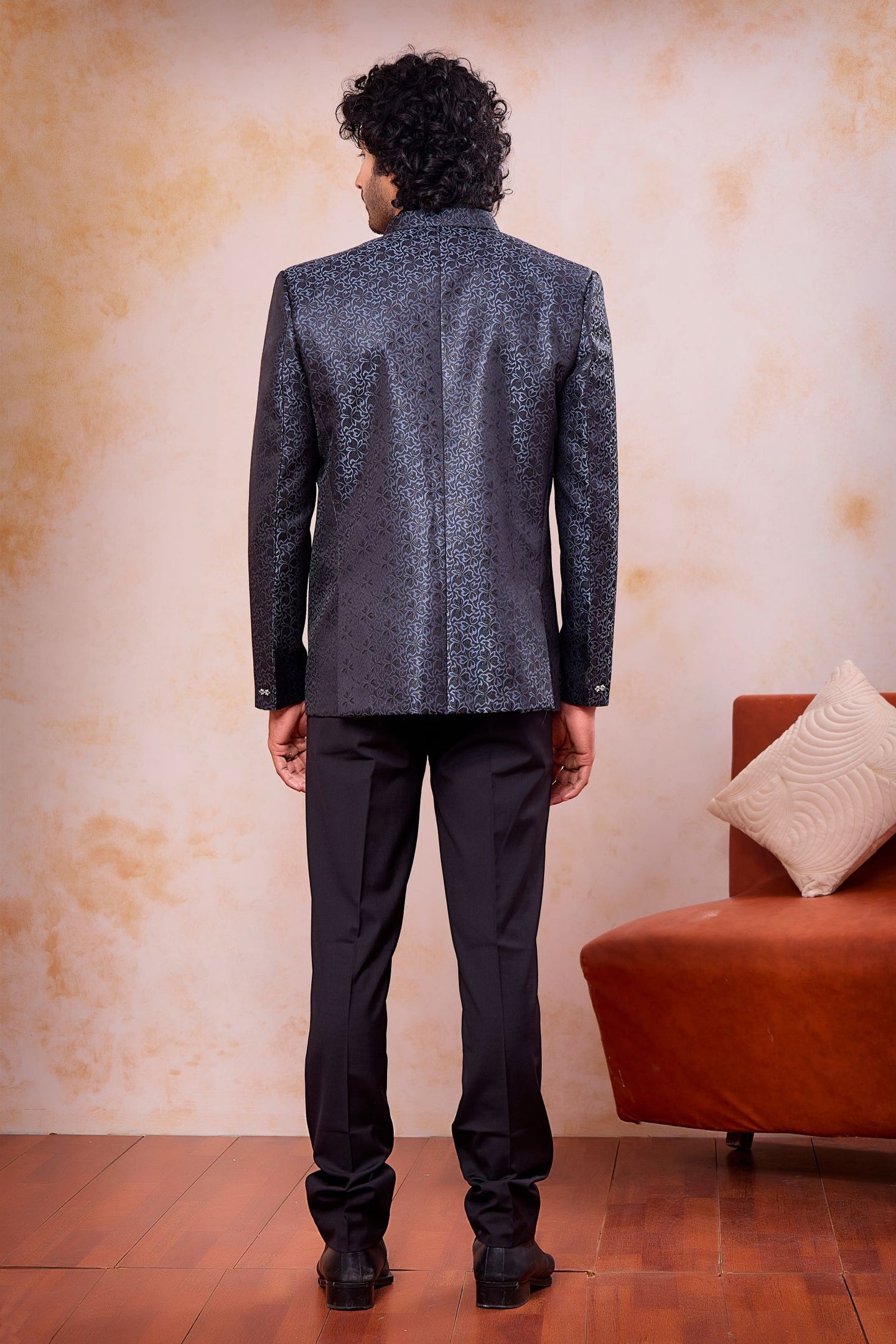 Grey Jacquard Woven Mens Indian Wedding Attire 3 Piece Jodhpuri Set