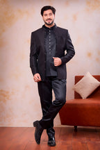 Black Jacquard Weaving Work Jodhpuri 3 Piece Set for Indian Traditional Clothes for Men