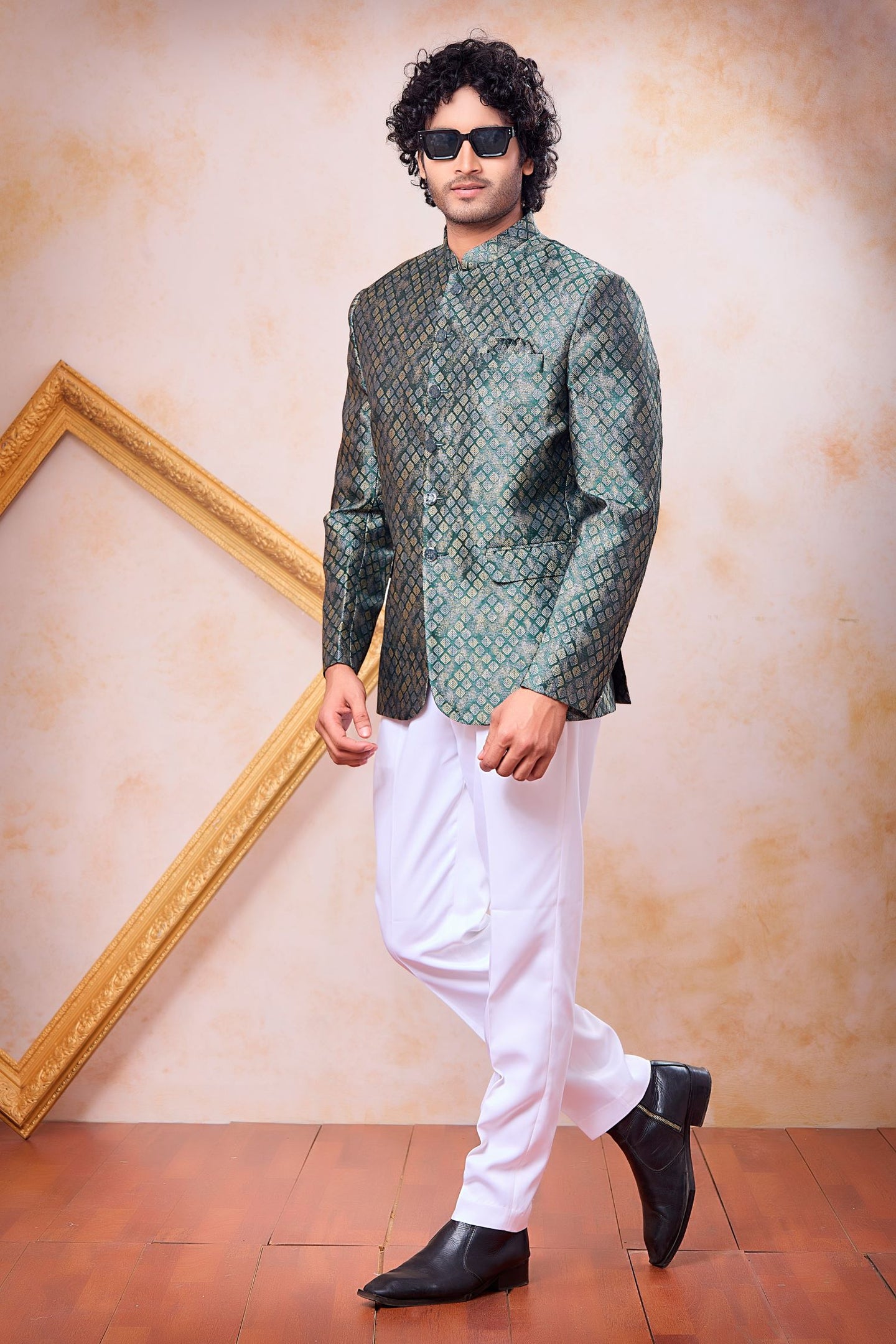 Rama Green Jacquard Jodhpuri and Pant for India Traditional Clothing Men