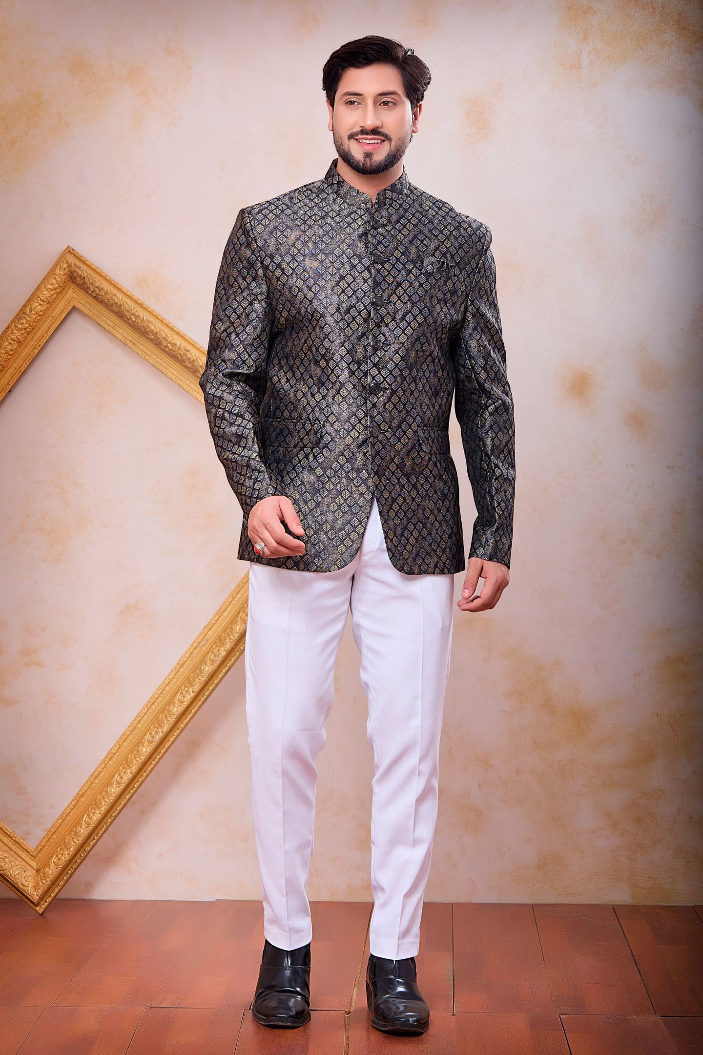 Light Grey Jacquard Traditional Hindu Men's Clothing Jodhpuri and Pant with Weave Work