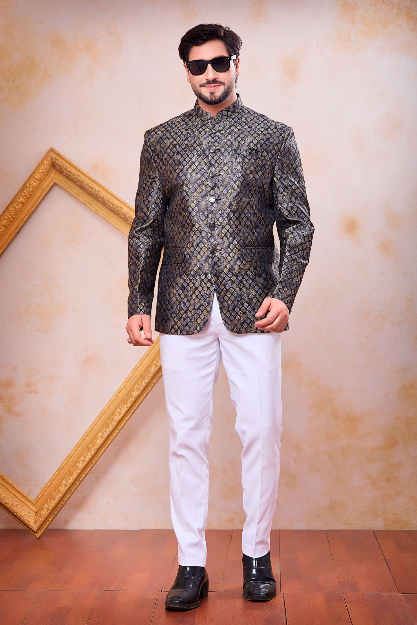 Light Grey Jacquard Traditional Hindu Men's Clothing Jodhpuri and Pant with Weave Work