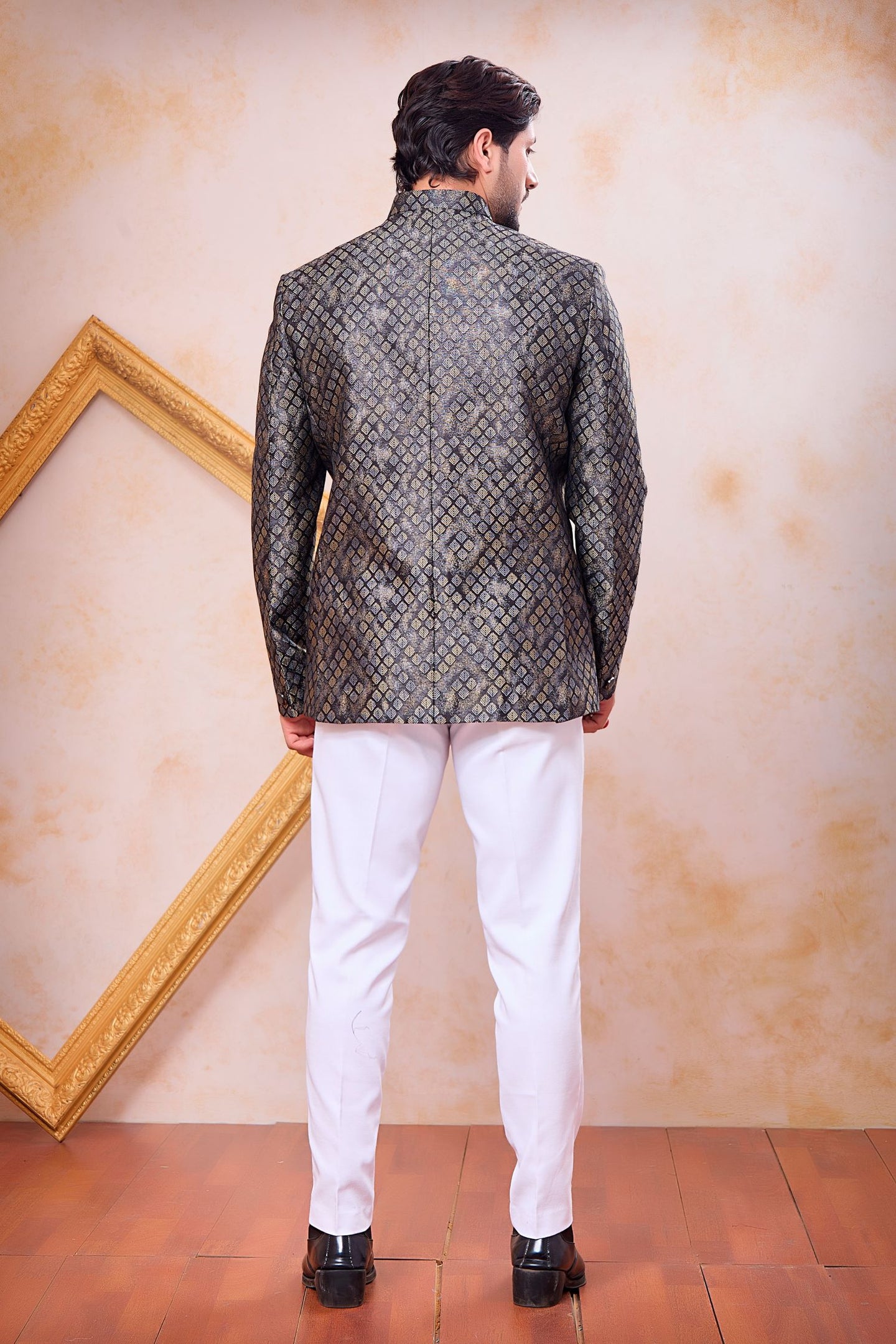Light Grey Jacquard Traditional Hindu Men's Clothing Jodhpuri and Pant with Weave Work