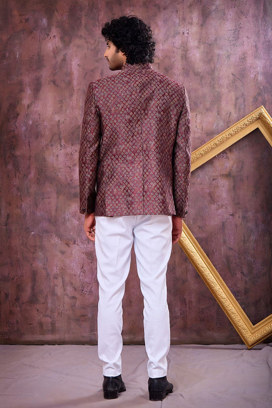 Maroon Jacquard Jodhpuri and Pant Mens Indian Wedding Attire with Weave Work