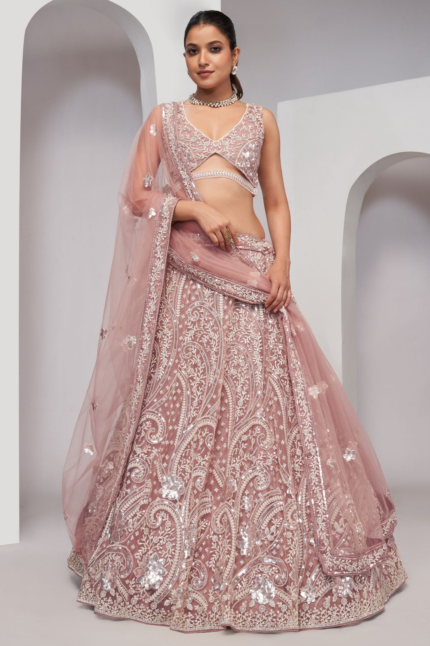 Rose Gold Soft Net Lehenga Choli For Indian Festivals & Weddings - Sequins Work, Thread Work