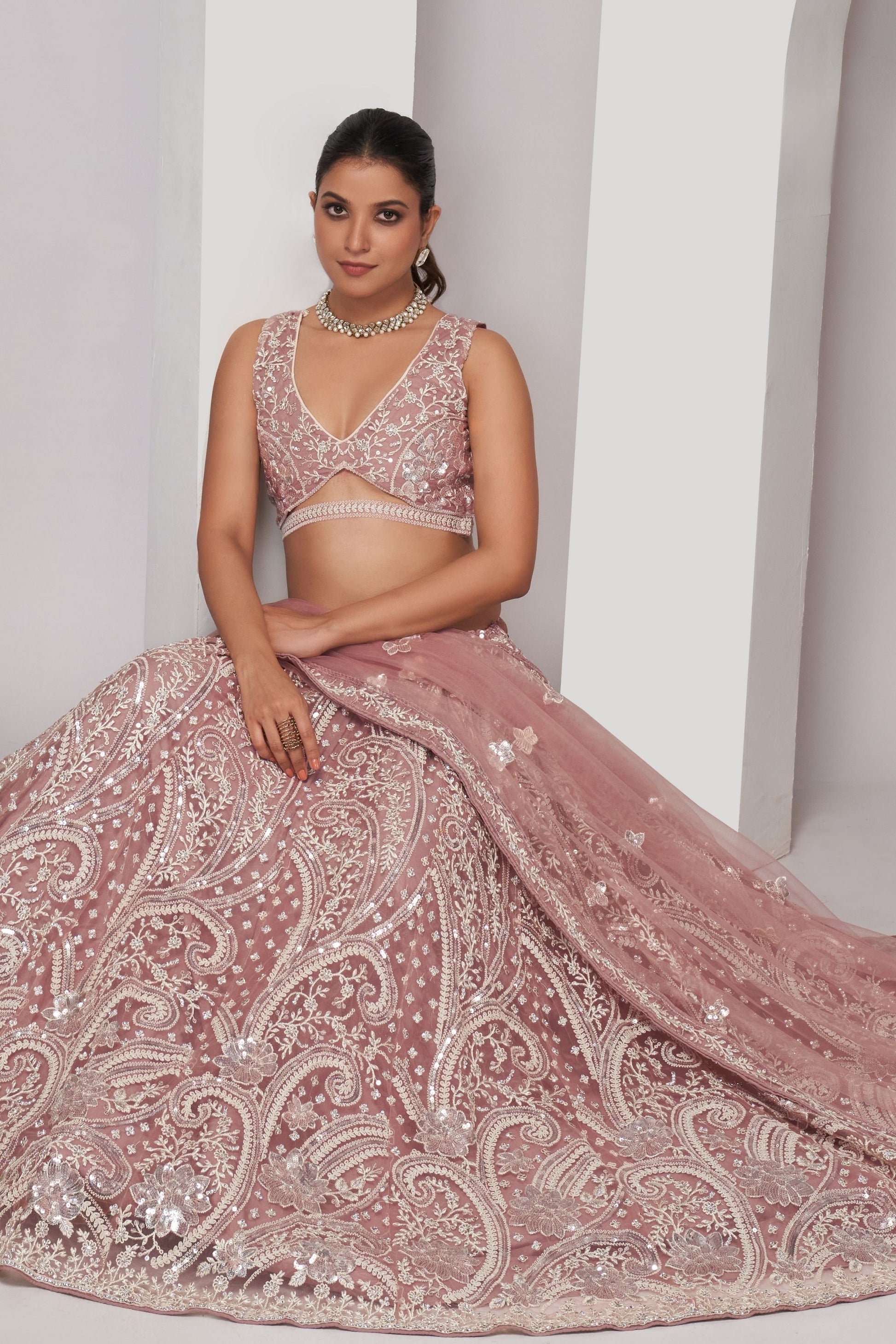 Rose Gold Soft Net Lehenga Choli For Indian Festivals & Weddings - Sequins Work, Thread Work