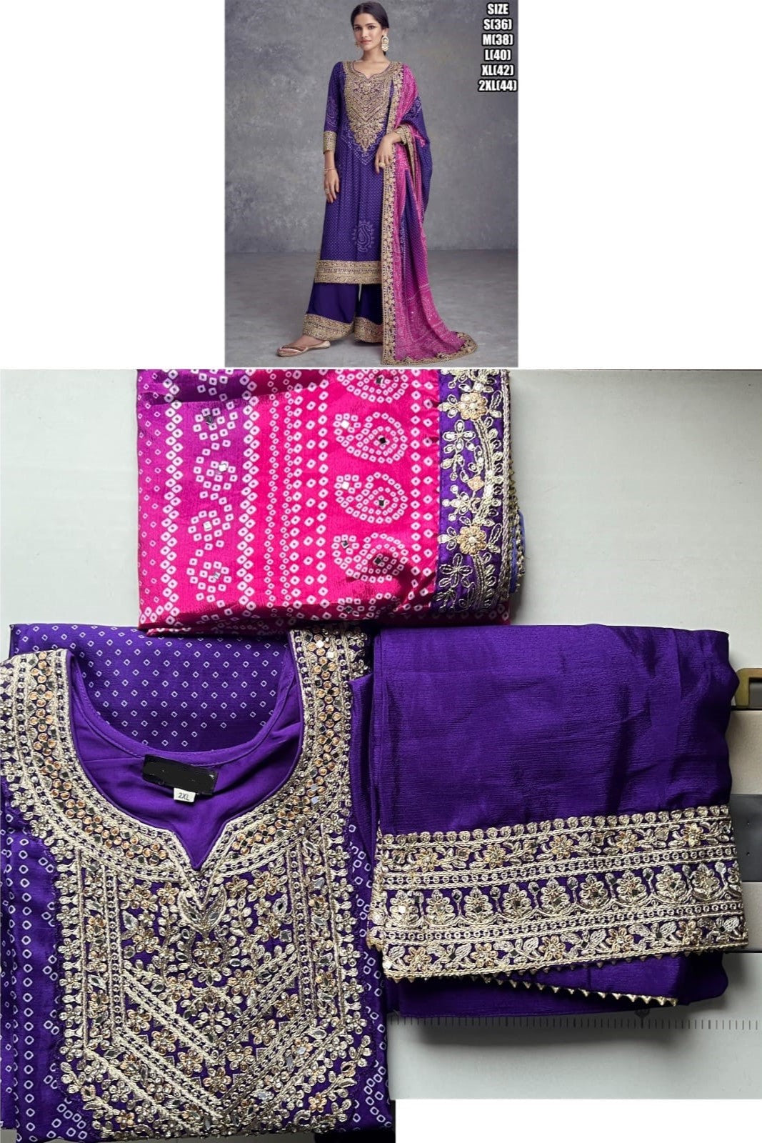 Purple Chinon Silk Bandhani Style Pattern Palazzo Suit For Indian Festivals & Weddings - Embroidery Work, Mirror Work, Digital Print Work