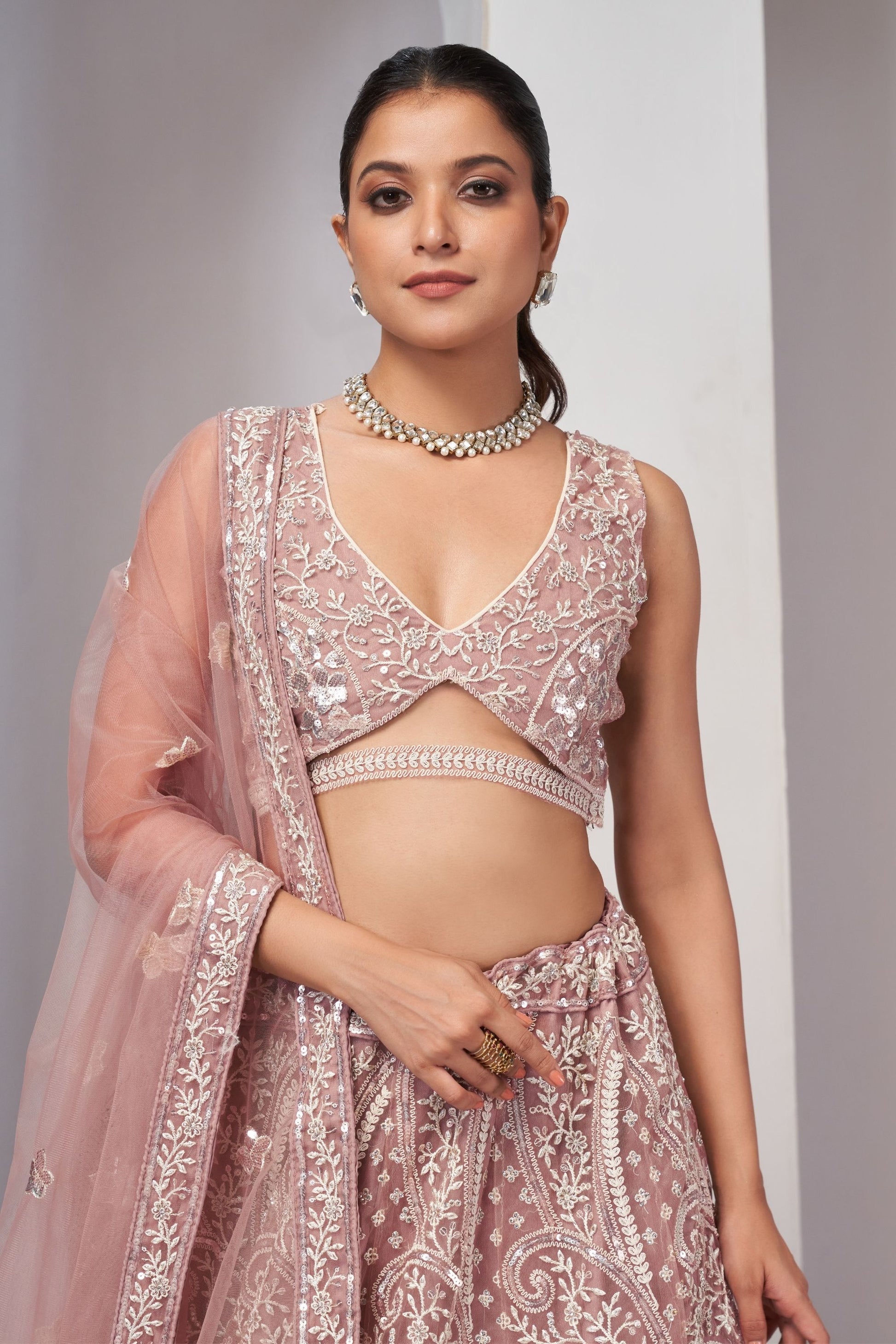 Rose Gold Soft Net Lehenga Choli For Indian Festivals & Weddings - Sequins Work, Thread Work