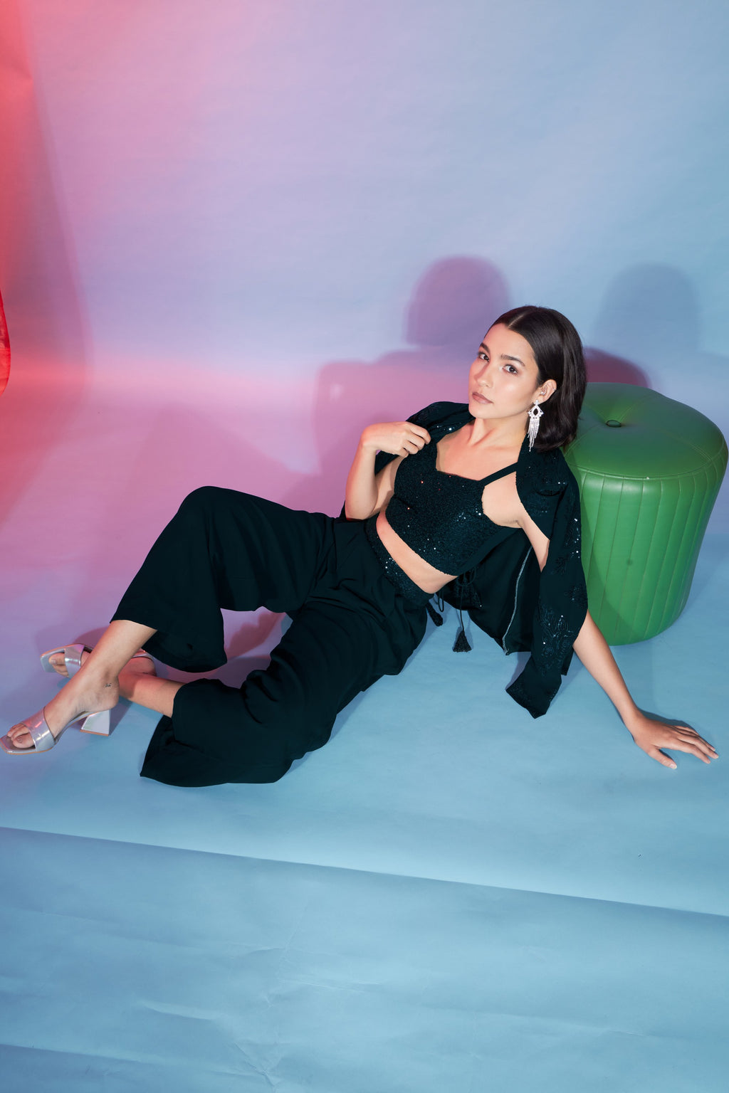 Green Georgette Co-ords Set For Indian Festivals & Weddings - Thread Embroidery Work, Sequence Embroidery Work