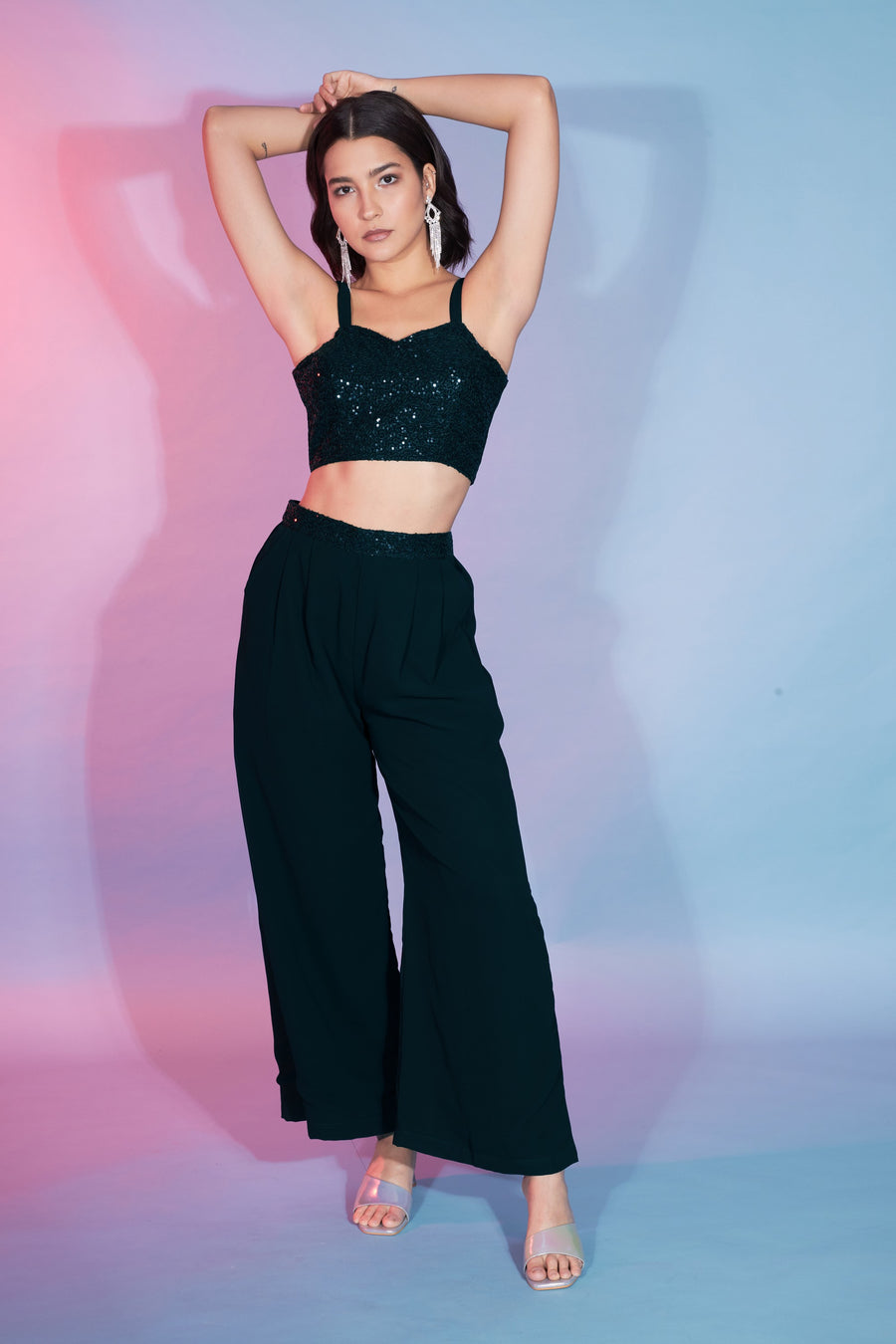 Green Georgette Co-ords Set For Indian Festivals & Weddings - Thread Embroidery Work, Sequence Embroidery Work