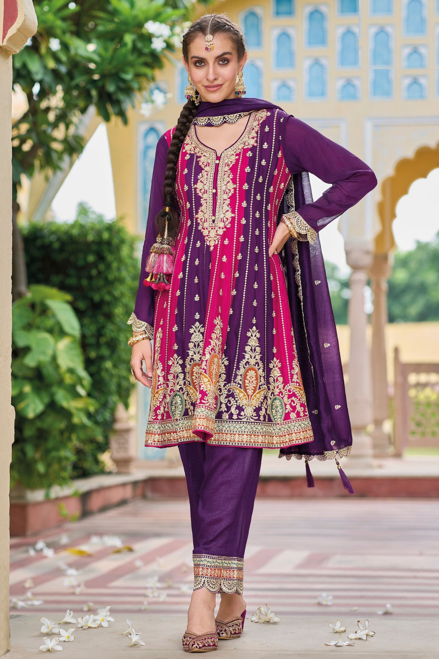 Purple Pink Silk Salwar Kameez with Pant For Indian Festivals & Weddings - Embroidery Work