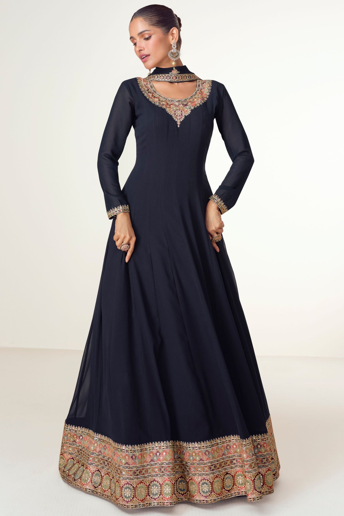 Navy Blue Georgette Floor Full Length Anarkali Gown For Indian Festival & Wedding - Embroidery Work