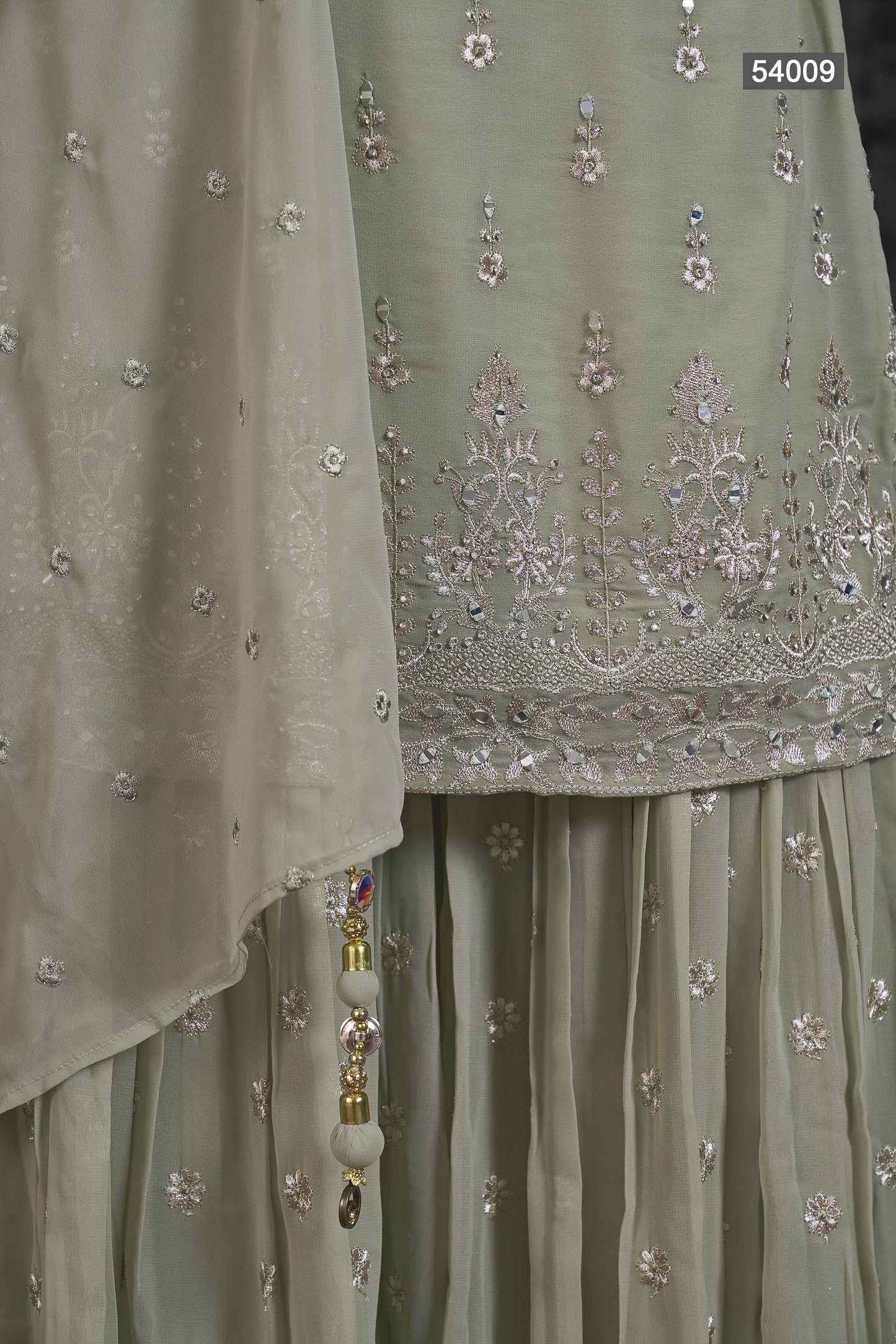 Pista Pakistani Georgette Sharara For Indian Festivals & Weddings - Thread Embroidery Work, Mirror Work, Zari Work, Zarkan Work