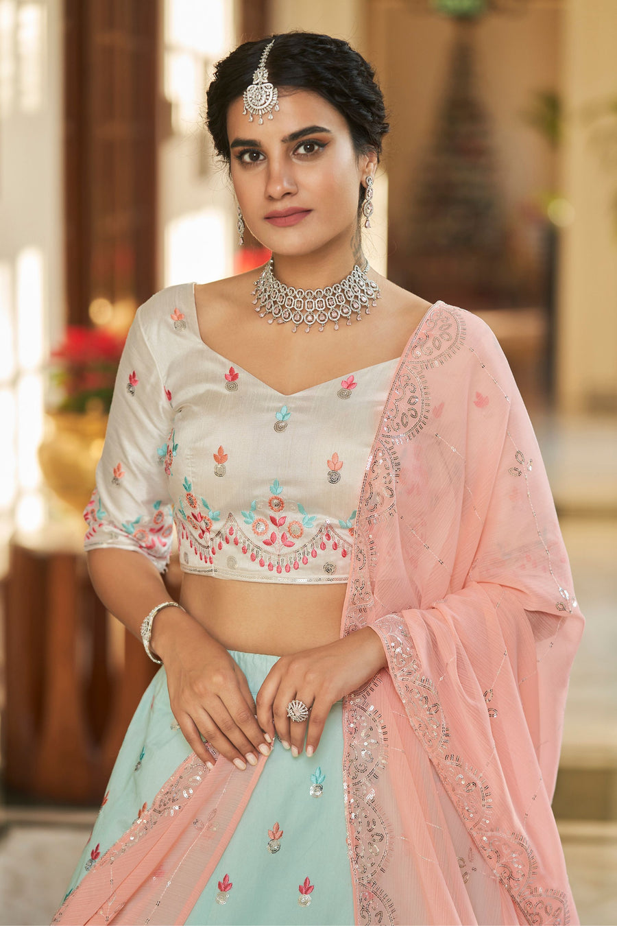 Sky Blue Art Silk Lehenga Choli For Indian Festivals & Weddings - Sequence Embroidery Work, Thread Work