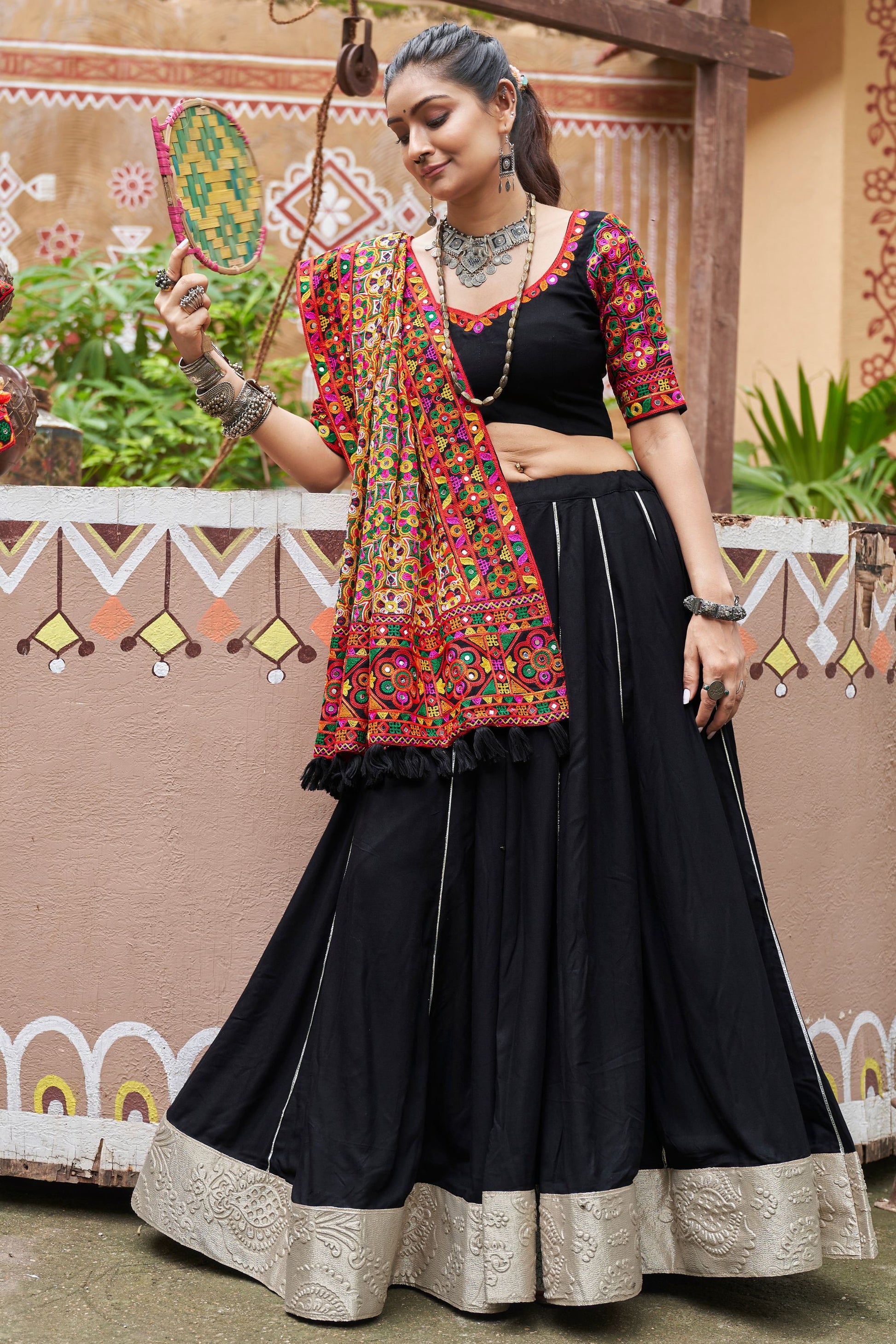 Black Rayon Chaniya Choli For Navratri Garba Festivals 7 Meters Flair - Embroidery Work, Real Mirror Work