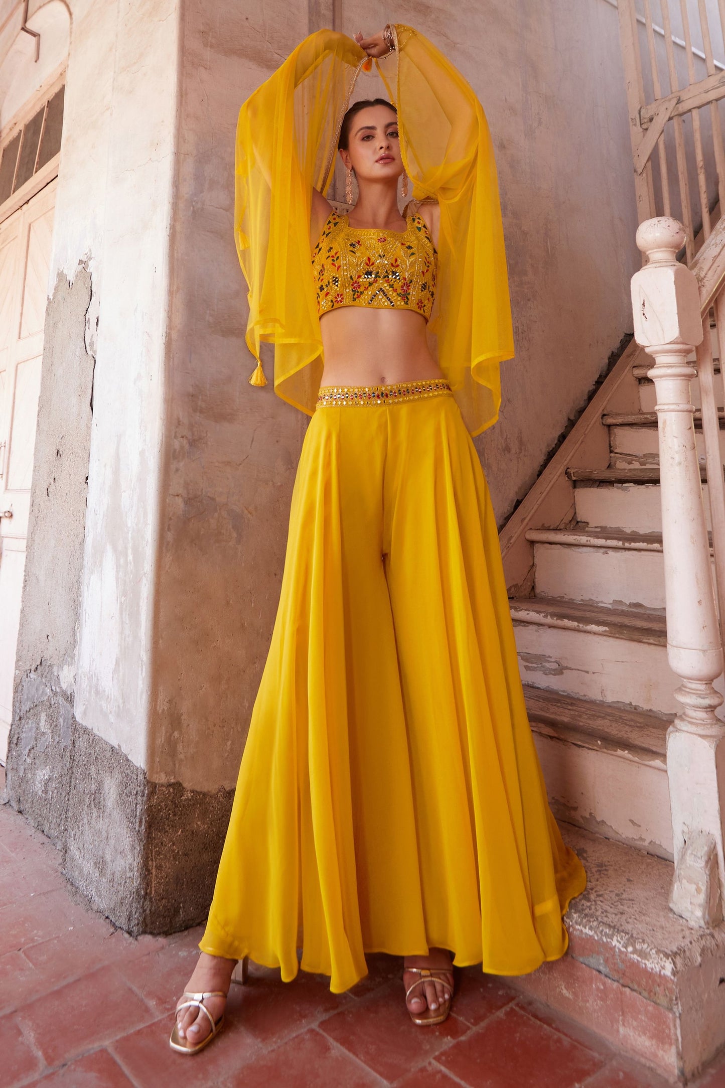 Yellow Georgette Sharara Choli For Indian Festivals & Weddings - Thread Embroidery Work, Hand Embellishment, Mirror Work