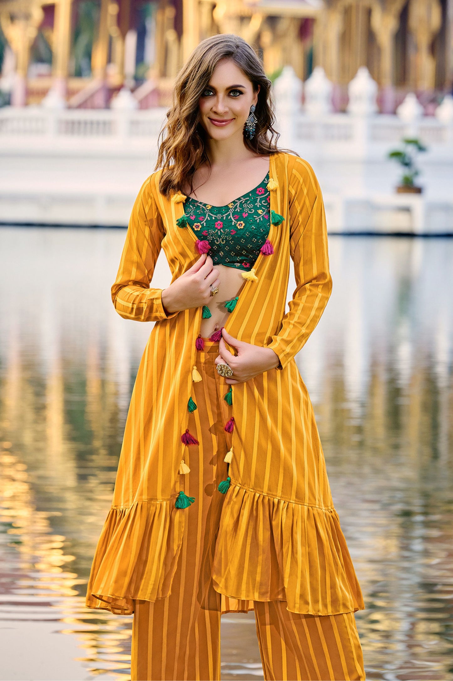 Yellow Pakistani Georgette Plazo For Indian Festivals & Weddings - Thread Embroidery Work,