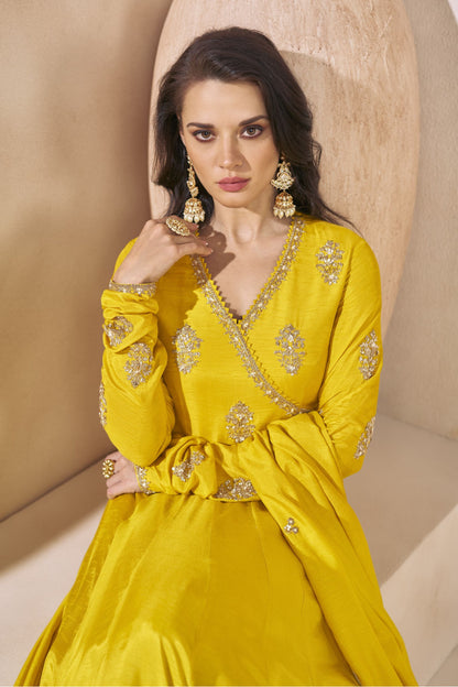 Yellow Silk Floor Full Length Flower Embroidered Anarkali Gown For Indian Festivals & Weddings - Embroidery Work