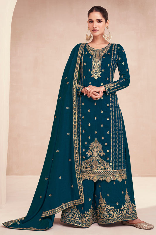 Teal Silk Plazo Kameez Suit For Indian Wedding & Pakitani Festival - Embroidery Work