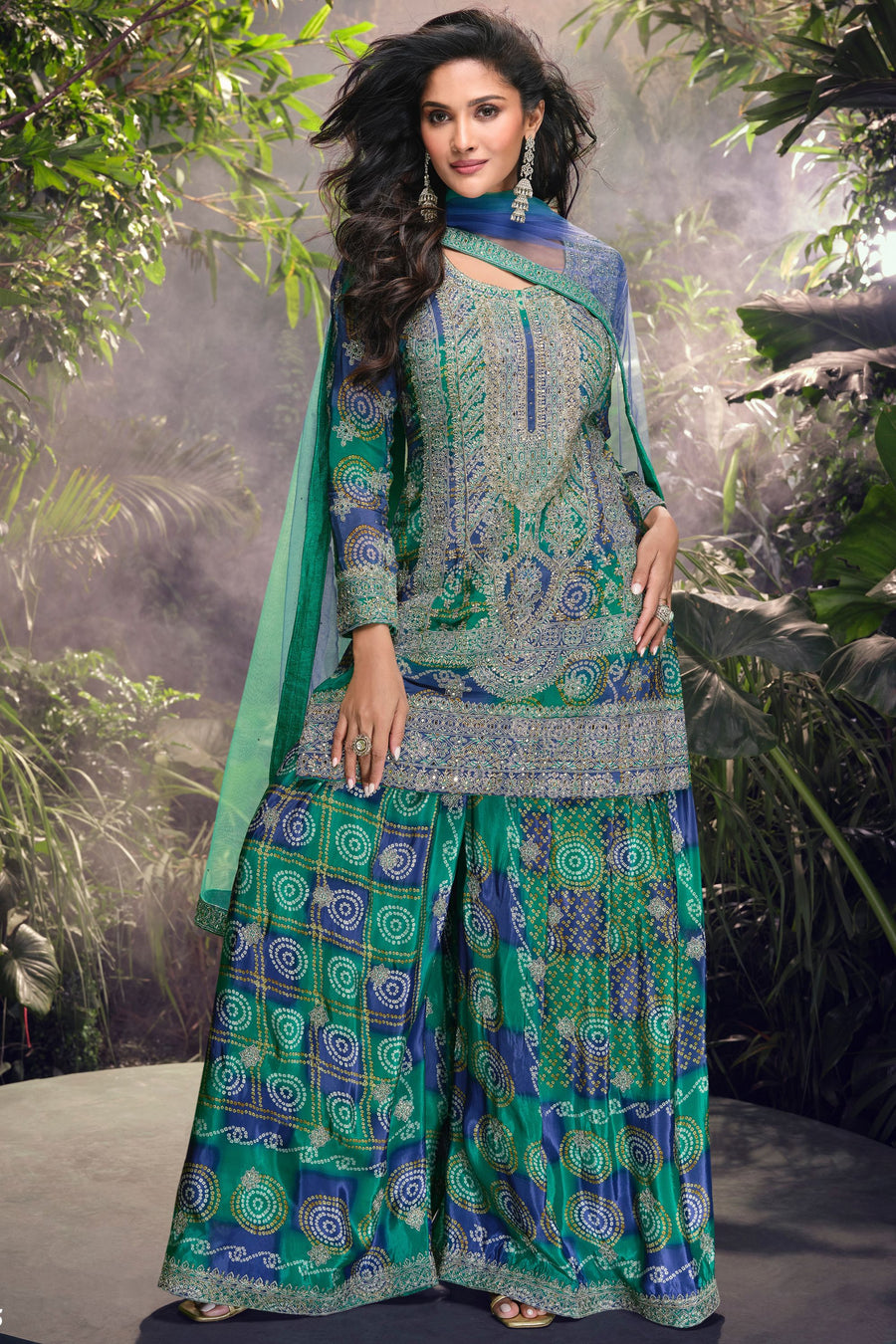 Green Chinon Silk Plazo Suits for Indian Festival & Pakistani Wedding - Embroidery Work