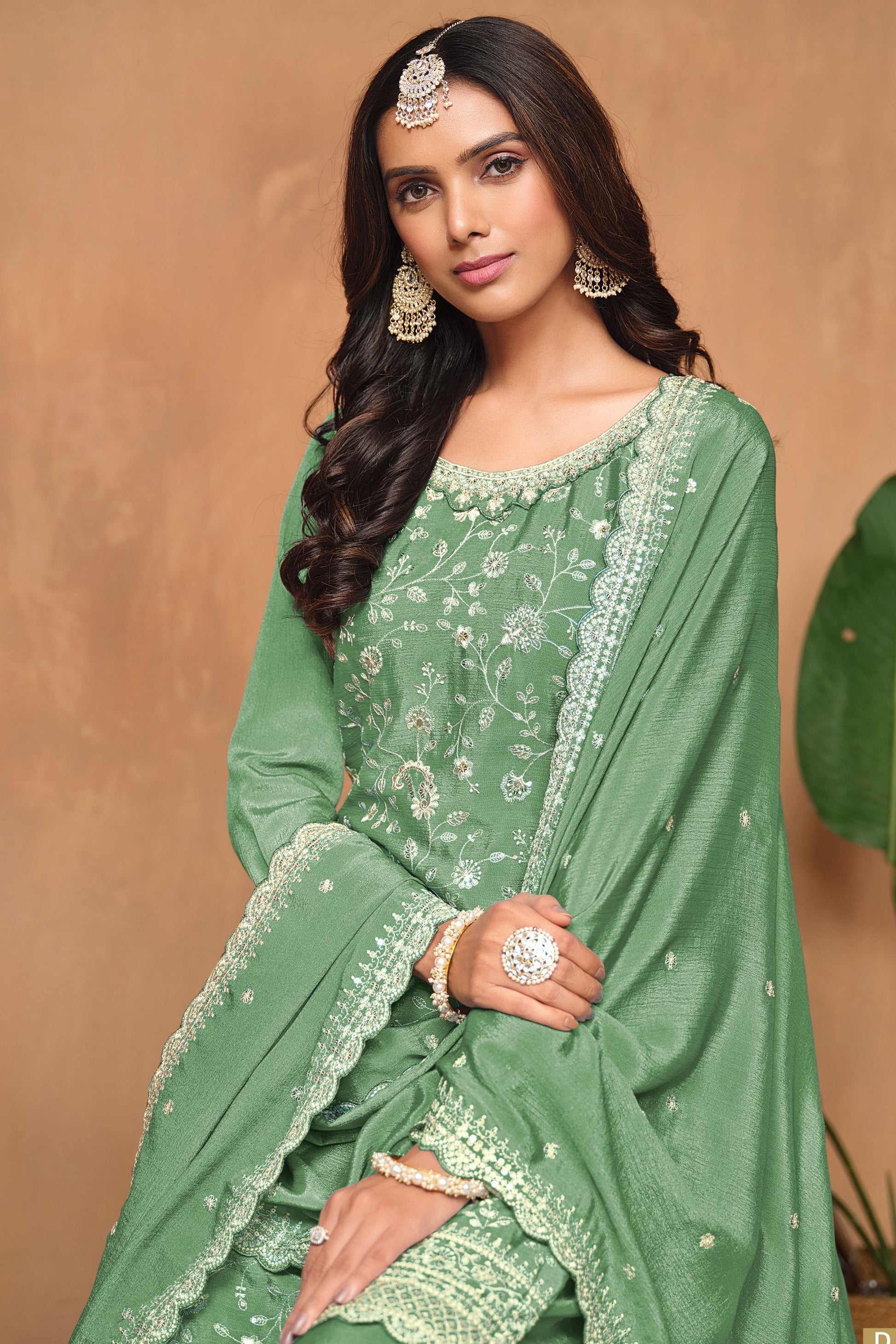 Green Chinon Silk Palazzo Suit For Indian Festivals & Weddings - Embroidery Work