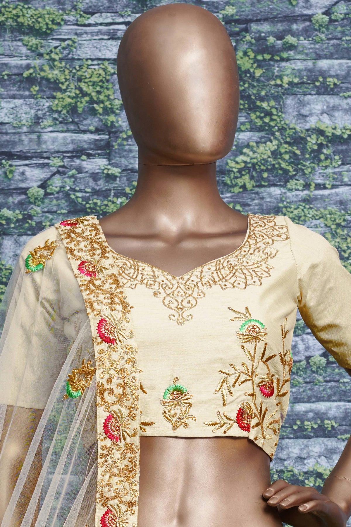 Off White Ghagra Choli for Ladies in Slub Silk with Dori, Zari Work & Sequin