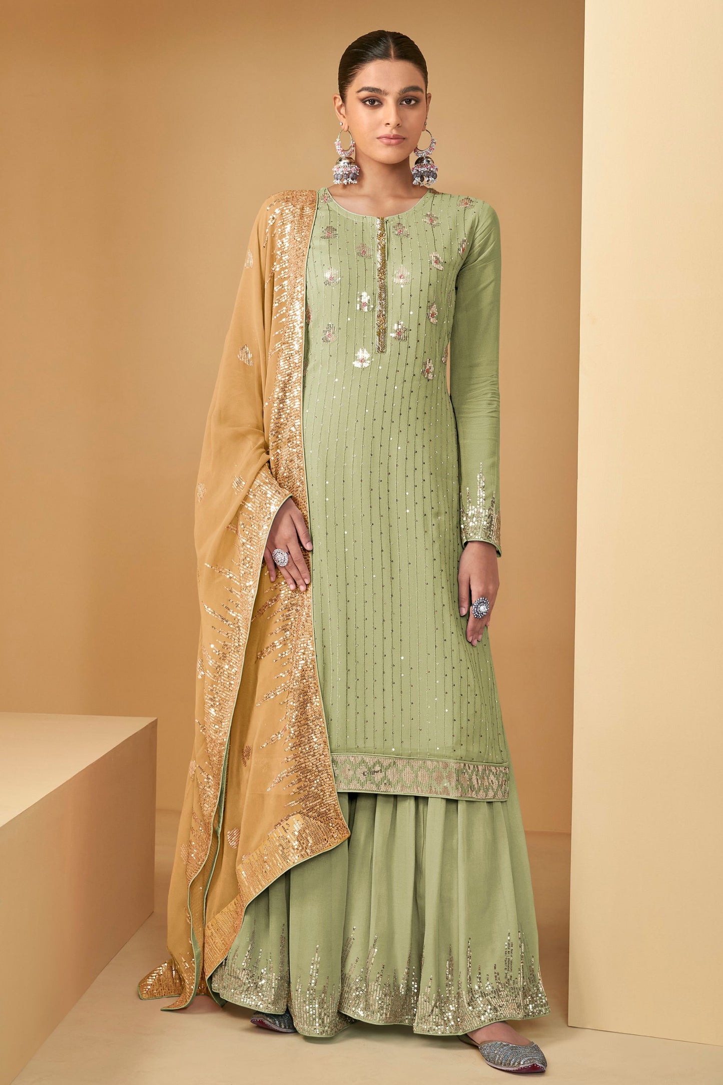 Sky Blue Pakistani Georgette Plazo Suits For Indian Festivals & Weddings - Embroidery Work