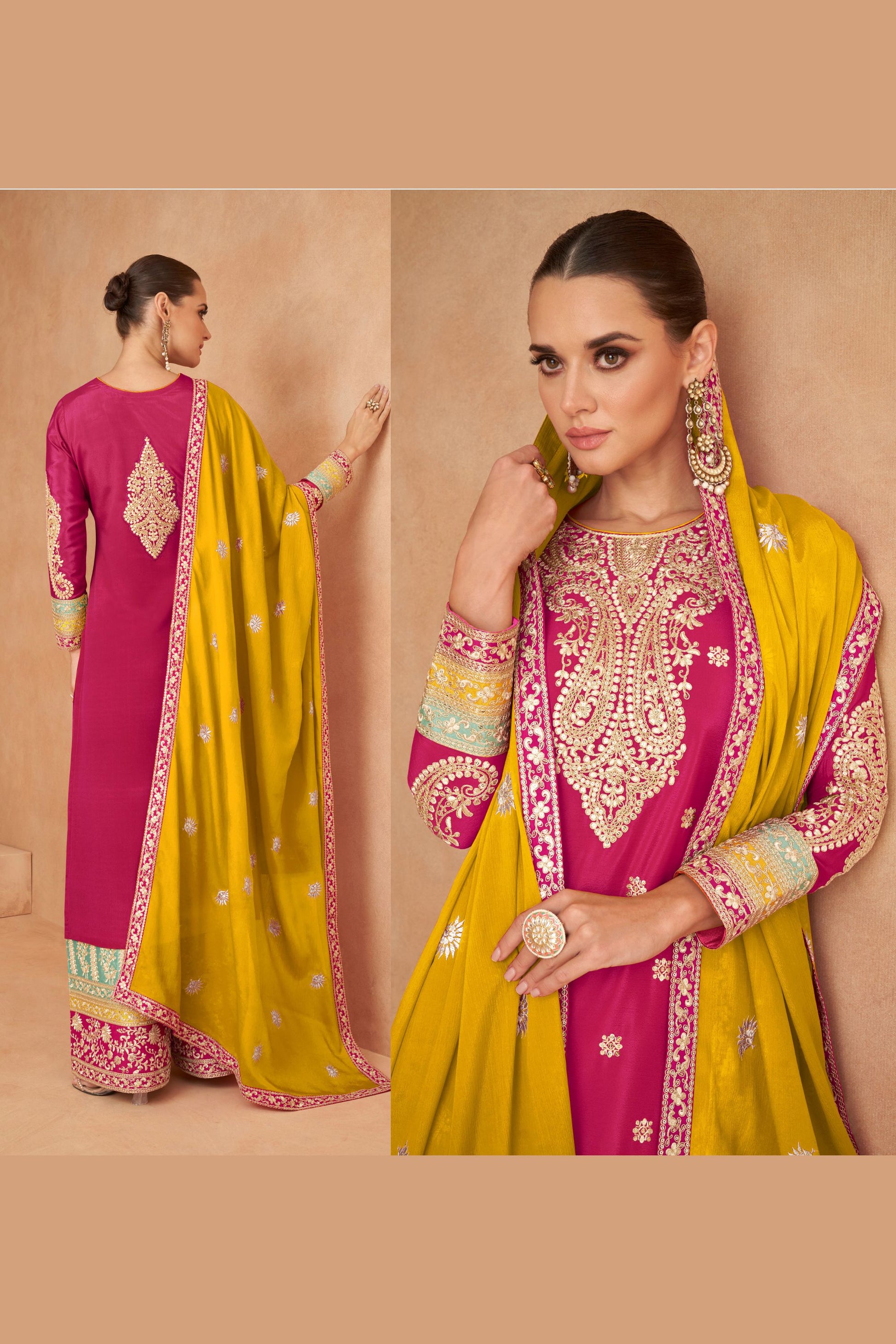 Pink Chinon Plazo Suits For Pakistani Festivals & Indian Wedding - Embroidery Work