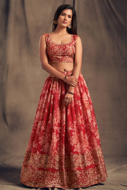 Red Organza Lehenga Choli For Indian Festival & Weddings - Embroidery Work, Print Work