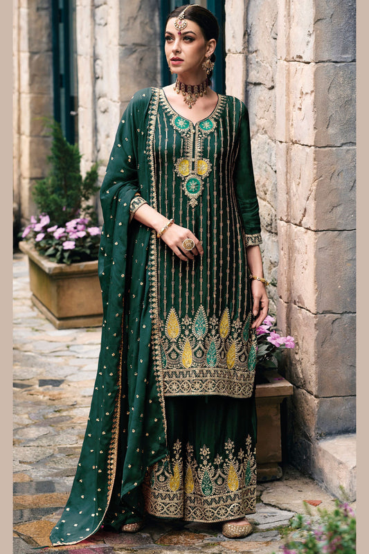 Dark Green Chinon Silk Kameez with Plazzo And Dupatta For Indian Suit Festivals & Pakistani Weddings - Embroidery Work