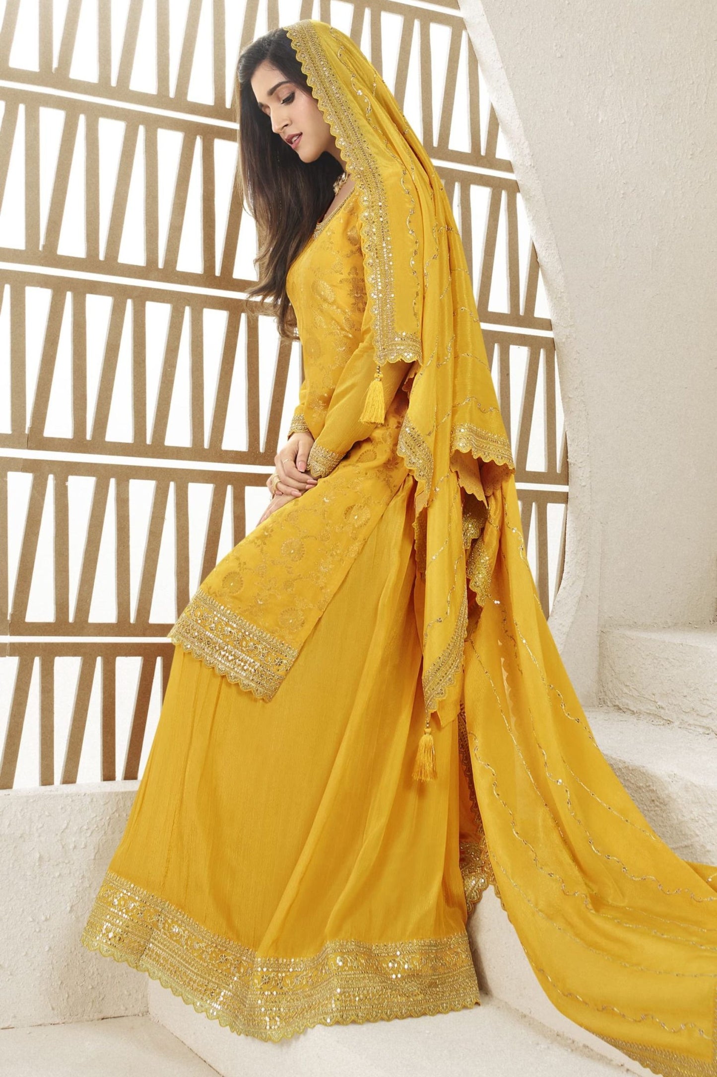 Yellow Jacquard Silk Palazzo Suit For Indian Festivals & Pakistani Plazo Weddings Dress - Embroidery Work