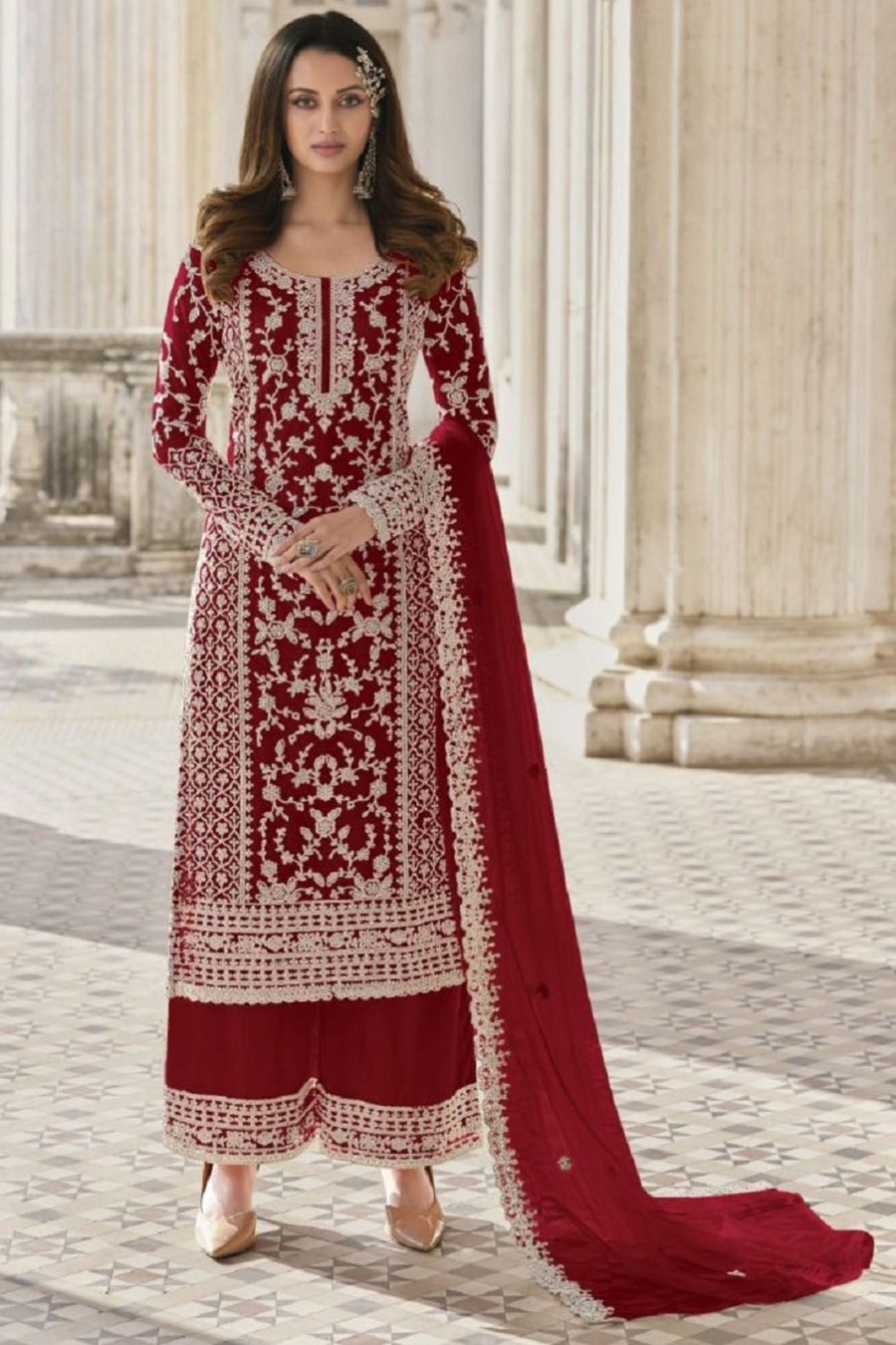 Red Net & Cording Work Salwar Kameez Plazzo Suit For Indian Wedding & Festival - Embroidery Work, Cording Work