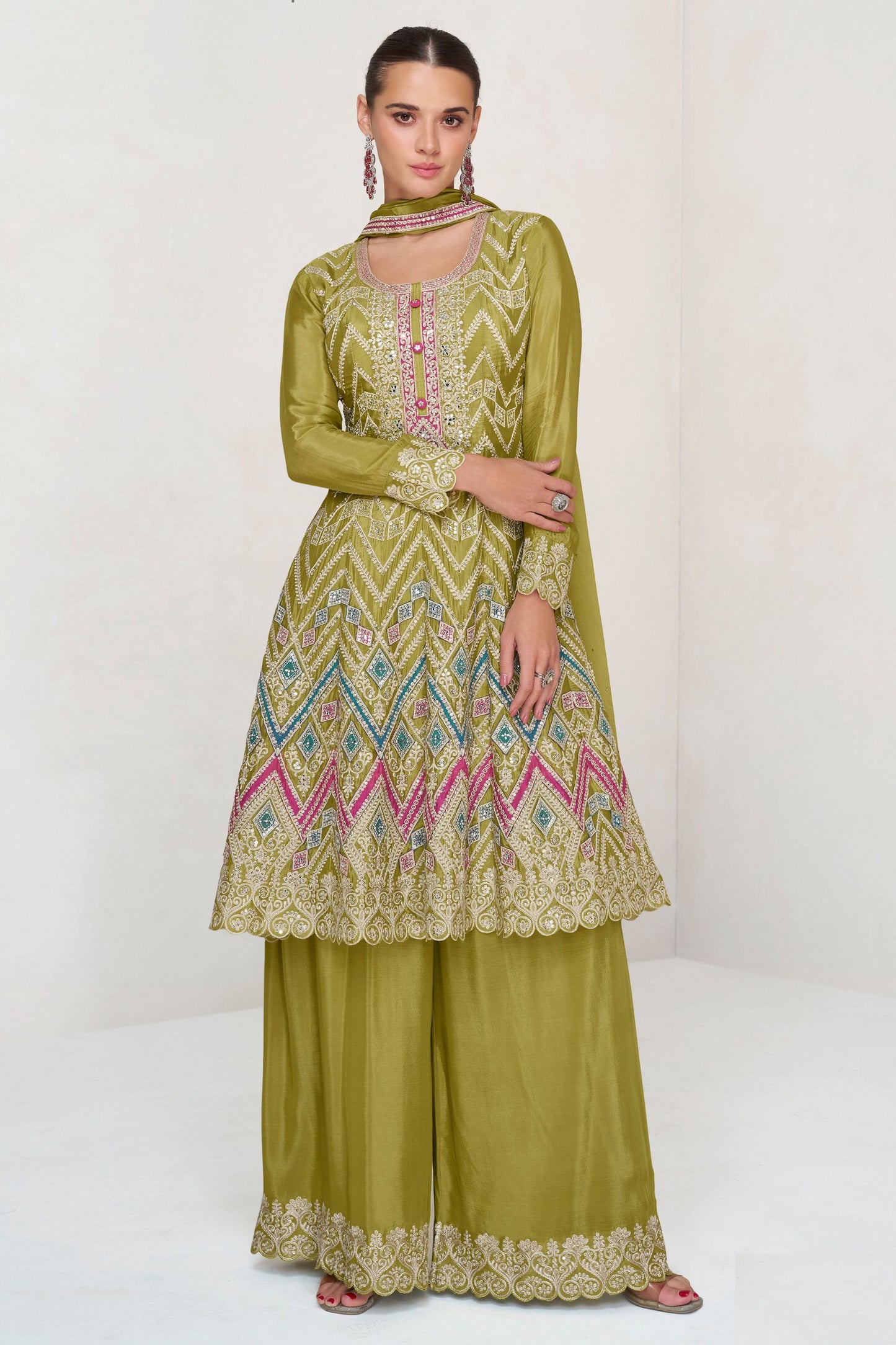 Mehndi Green Chinon Silk Plazo Suit For Wedding & Festival - Embroidery Work