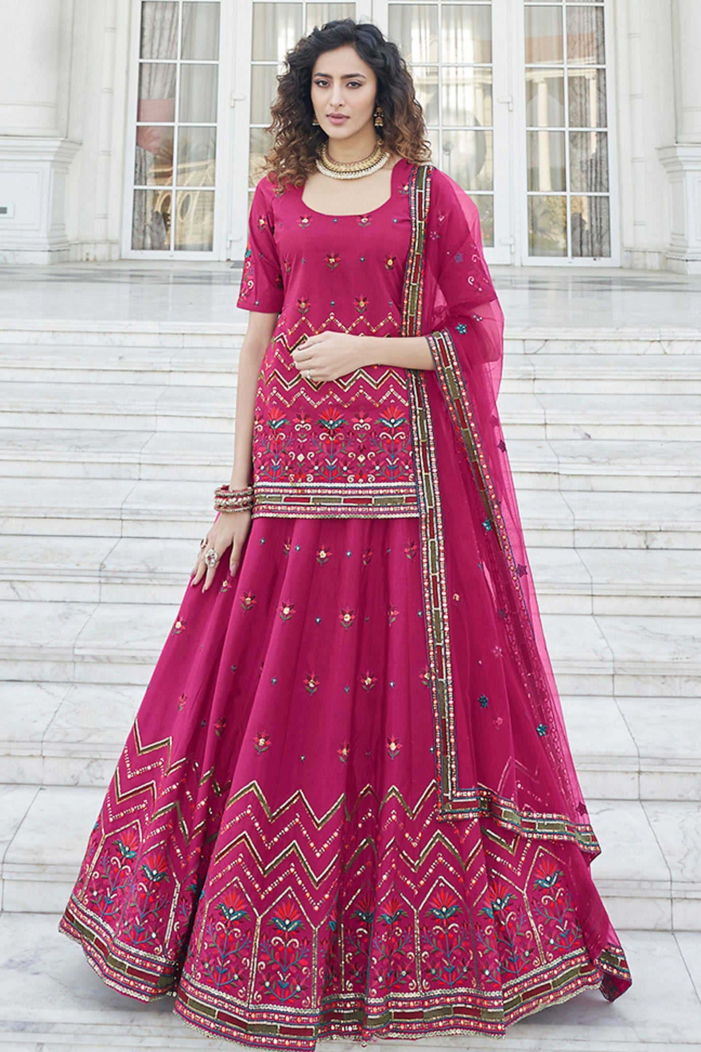 Pink Pakistani Chinon Lehenga Choli For Indian Festivals & Weddings - Sequence Embroidery Work, Thread Embroidery Work,