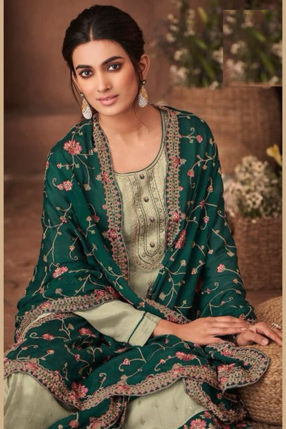 Light Olive Chinon Silk Kameez with Pant For Indian Suit Festivals & Pakistani Weddings - Embroidery Work