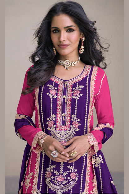 Purple Chinon Plazo Suits For Indian Festivals & Pakistani Weddings - Embroidery Work